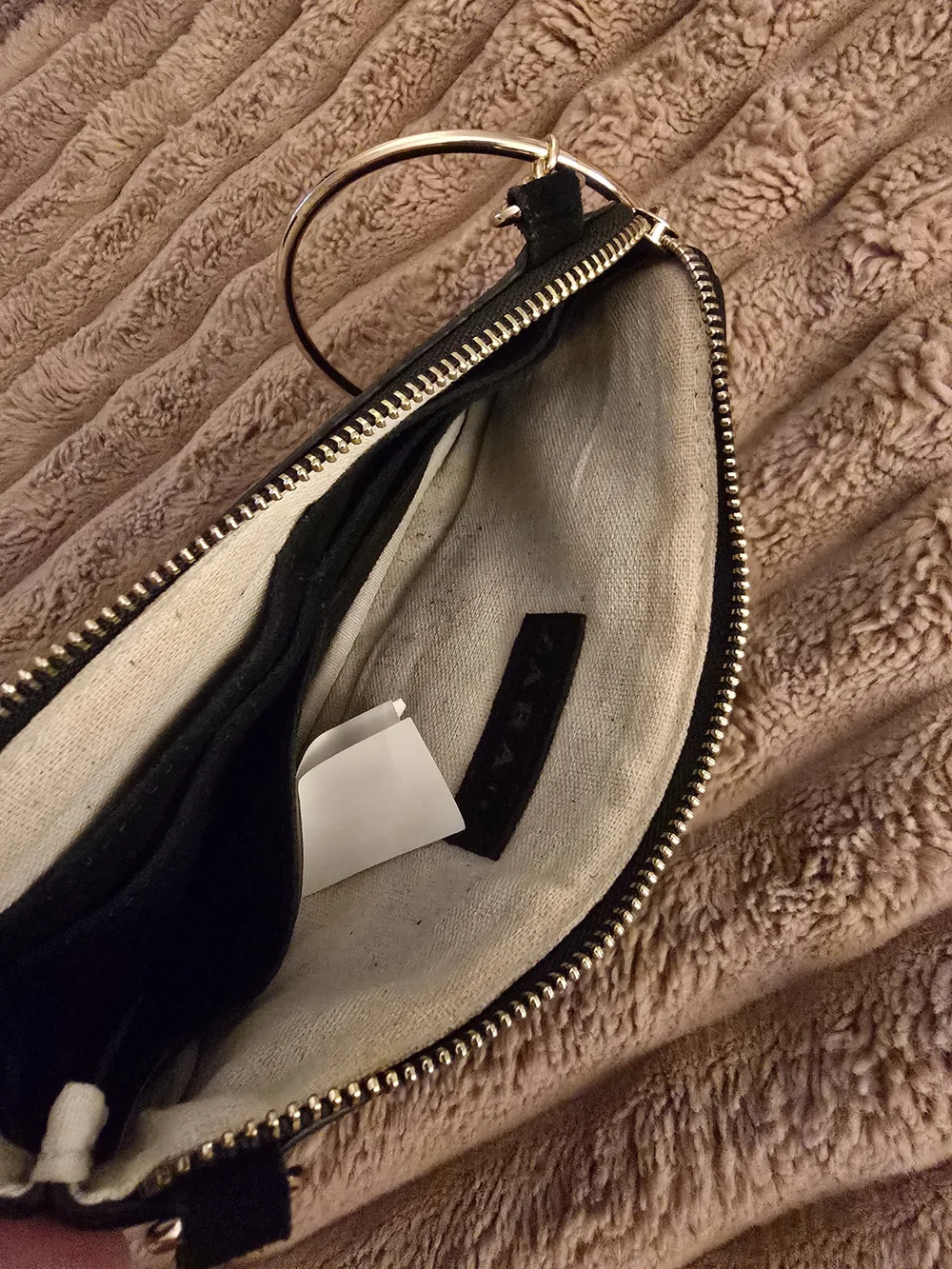 Zara Black Suede Clutch with Gold Ring Handle